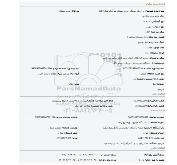 یک دستگاه خودرو سواری پژو آردی مدل 1384