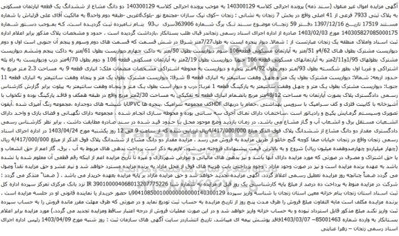 آگهی مزایده دو دانگ مشاع از ششدانگ یک قطعه اپارتمان مسکونی به پلاک ثبتی 7933 فرعی از 41 اصلی