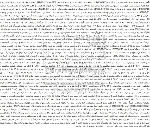 آگهی مزایده ششدانگ عرصه و اعیان پلاک ثبتی شماره 8937 ( هشت هزار و نهصد و سی و هفت ) فرعی از 654 ( ششصد و پنجاه و چهار ) فرعی از 192 