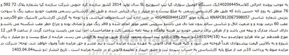 آگهی مزایده یک دستگاه اتومبیل سواری کیا تیپ اسپورتیج SL 