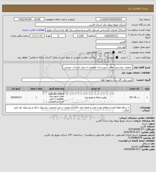 استعلام عملیات روشنایی معابر شهرستان کوهچنار از محل اعتبارات عمرانی