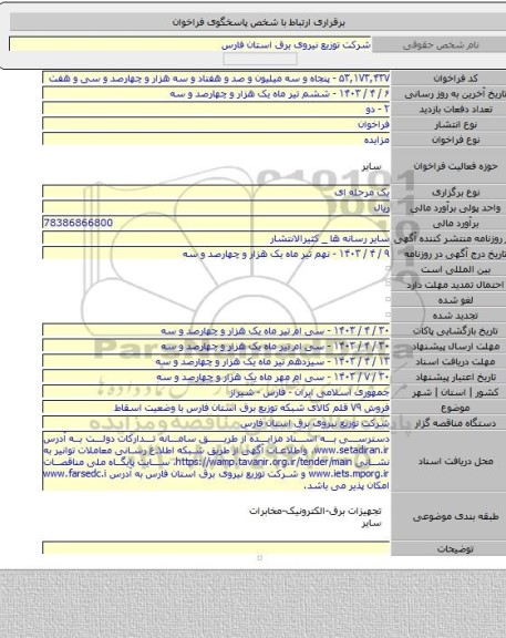 مزایده, فروش ۷۹ قلم کالای شبکه توزیع برق استان فارس با وضعیت اسقاط