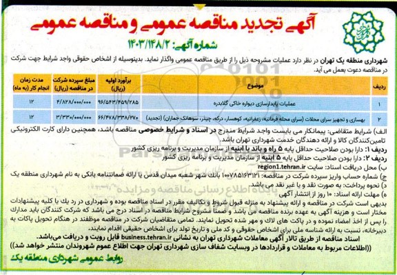 مناقصه عملیات پایدارسازی دیواره خاکی گلابدره ....