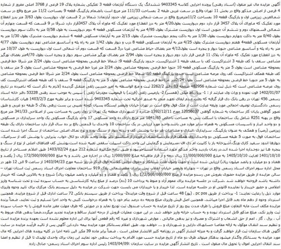 آگهی مزایده ششدانگ یک دستگاه آپارتمان قطعه 3 تفکیکی بشماره پلاک 19 فرعی از 3768 اصلی مفروز از شماره 4 فرعی از اصلی