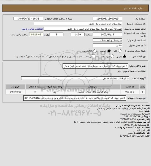 استعلام 8 نفر نیروی کمک پرستار   جهت بیمارستان امام خمینی (ره) خاش