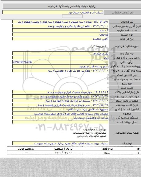 مناقصه, عملیات برون سپاری فعالیت های بهره برداری شهرستان مروست