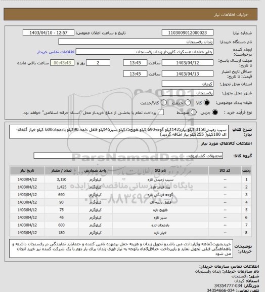 استعلام سیب زمینی3150 کیلو پیاز1425کیلو گوجه690 کیلو هویج75کیلو سیر45کیلو فلفل دلمه 90کیلو بادمجان600 کیلو خیار گلخانه ای 180کیلو( 255کیلو پیاز اضافه گردید)