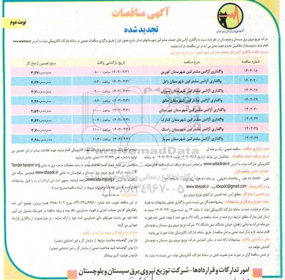 تجدید مناقصات واگذاری آژانس های خدمات مشترکین شهرستان های استان  نوبت دوم