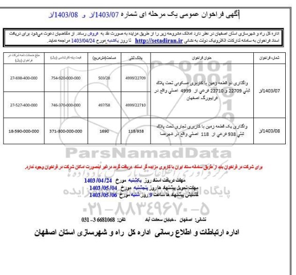 مزایده فروش املاک با کاربری مسکونی و تجاری