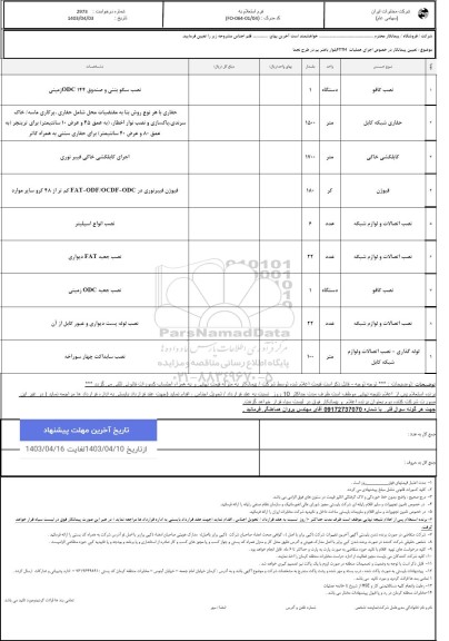 استعلام تعیین پیمانکار در خصوص اجرای عملیات FTTH بلوار باهنر بم در طرح نجما 