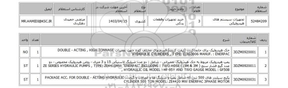 استعلام، تجهیزات سیستم های هیدرولیکی