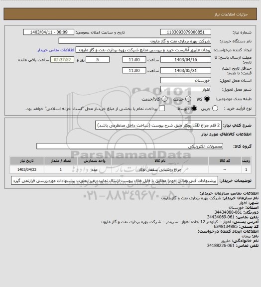 استعلام 2 قلم چراغ  LED  روکار طبق شرح پیوست (ساخت داخل مدنظرمی باشد)