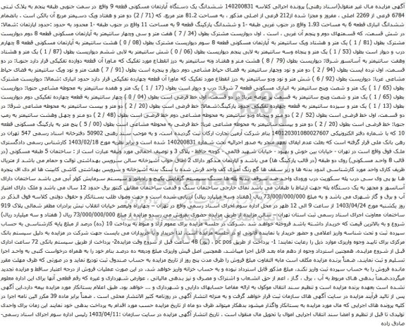 آگهی مزایده  ششدانگ یک دستگاه آپارتمان مسکونی قطعه 9 واقع در سمت جنوبی طبقه پنجم به پلاک ثبتی 6784 فرعی از 2269 اصلی