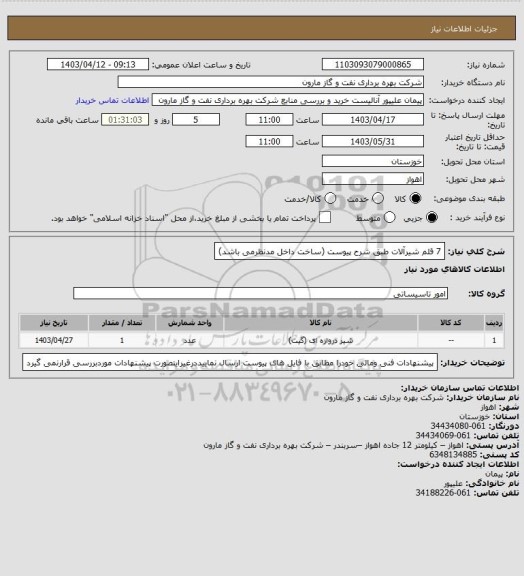 استعلام 7 قلم شیرآلات طبق شرح پیوست (ساخت داخل مدنظرمی باشد)