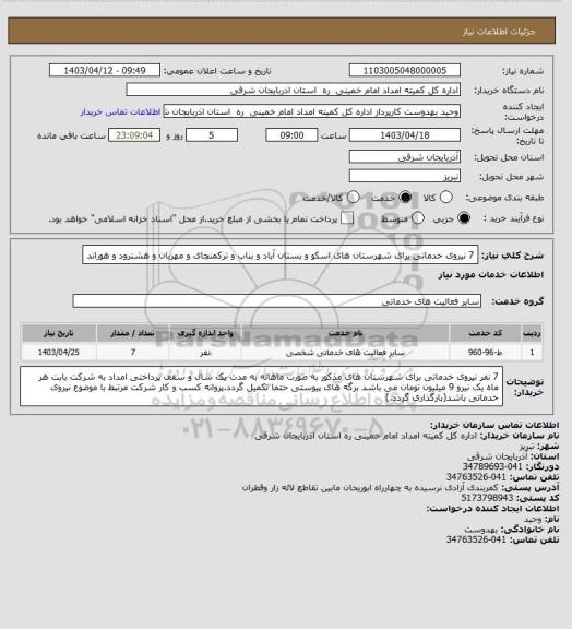 استعلام 7 نیروی خدماتی برای شهرستان های اسکو و بستان آباد و بناب و ترکمنچای و مهربان و هشترود و هوراند