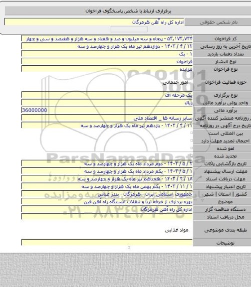 مزایده, بهره برداری از غرفه تریا و تنقلات ایستگاه راه آهن فین