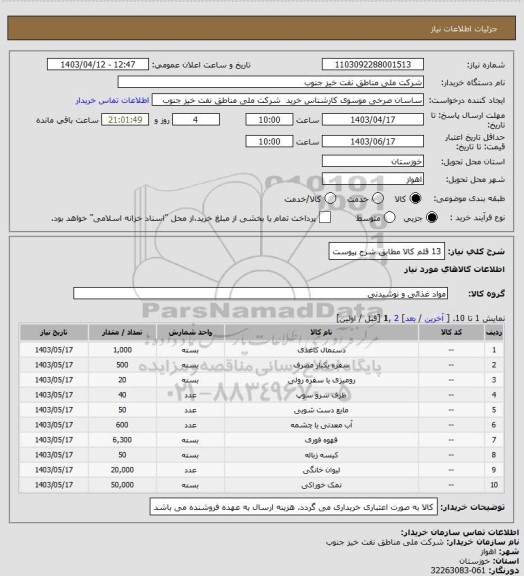 استعلام 13 قلم کالا مطابق شرح پیوست