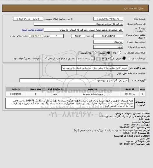 استعلام  تعویض کابل های خط 2 اصلی منازل سازمانی شرکت گاز نیوساید