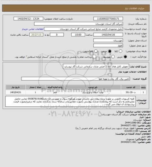 استعلام  تعویض کابل های خط 2 اصلی منازل سازمانی شرکت گاز نیوساید