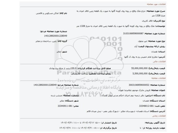 ملک واقع در روبه روی کوچه گلها به صورت یک قطعه زمین فاقد اعیان به متراژ 1328 متر