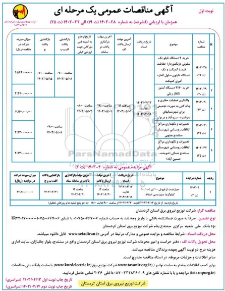 مزایده و مناقصه خرید 4 دستگاه تابلو تک سلولی ژنگتوردار....