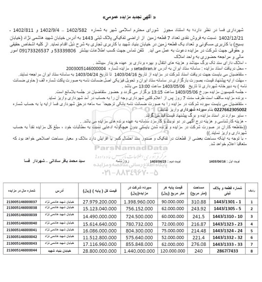 تجدید مزایده  فروش نقدی تعداد 7 قطعه زمین از اراضی تفکیکی پلاک ثبتی 1443 