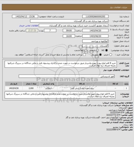 استعلام خرید 9 قلم  انواع پیچ و مهره واشردار صبق درخواست در صورت عدم بارگذاری پیشنهاد فنی و مالی جداگانه در سربرگ شرکتها بمنزله انصراف نرخ ابطال میگردد.