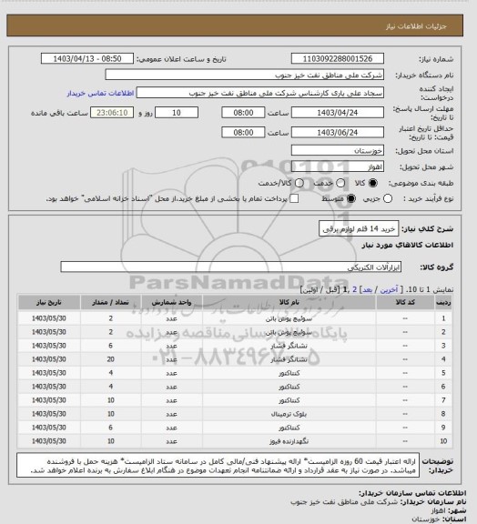 استعلام خرید 14 قلم لوازم برقی