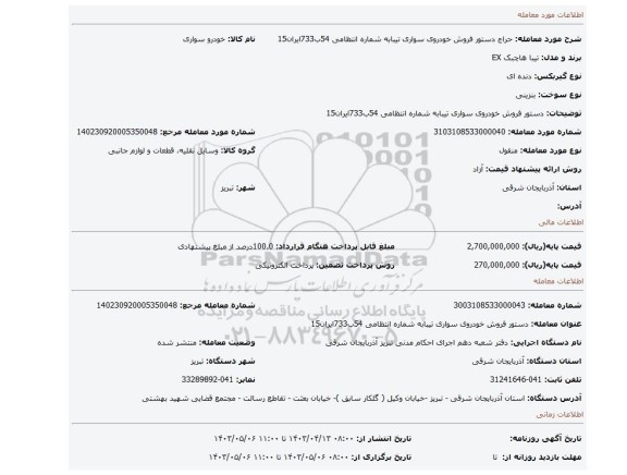 دستور فروش خودروی سواری تیبابه شماره انتظامی 54ب733ایران15