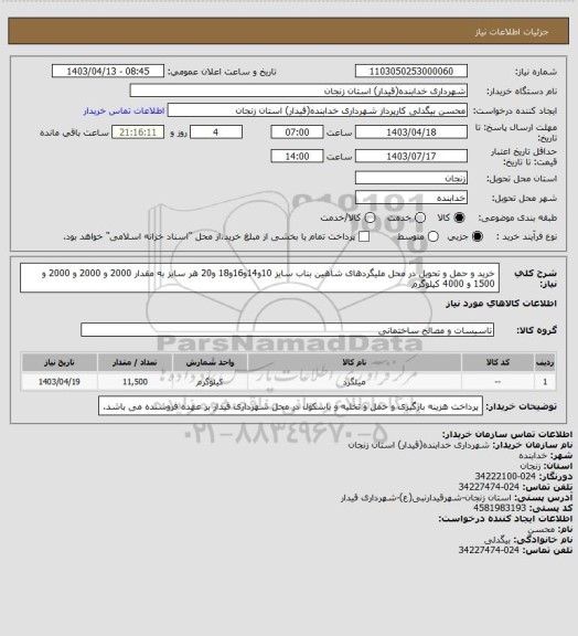 استعلام خرید و حمل و تحویل در محل ملیگردهای شاهین بناب سایز 10و14و16و18 و20 هر سایز به مقدار 2000 و 2000 و 2000 و 1500 و 4000 کیلوگرم