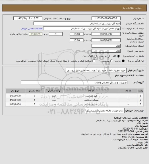 استعلام خرید تجهیزات اداری مورد نیاز شهرستان مطابق فایل پیوستی