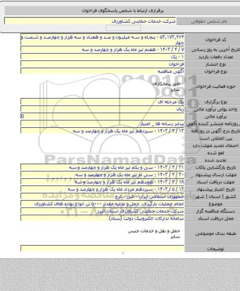 مناقصه, انجام عملیات بارگیری٬ حمل و تخلیه مقدار ۵۰۰۰ تن انواع نهاده های کشاورزی