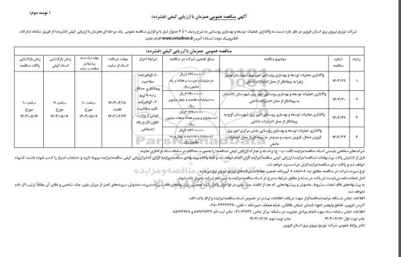 مناقصه واگذاری عملیات توسعه و بهسازی روستایی امور برق ...