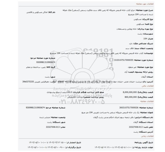 کباب خانه قدیمی متروکه  که زمین فاقد سند مالکیت رسمی (نسقی) ملک تعرفه شده با مساحت 104 مترمربع