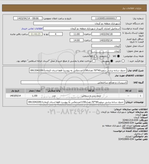 استعلام جدول ساده برشی سفید40*70 تعداد1150عددعکس به پیوست فقط استان کرمان09133422911