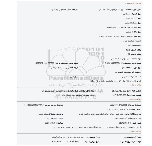 دستور فروش ملک مشاعی