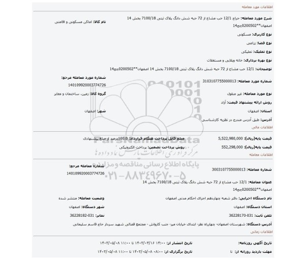 12/1 حب مشاع از 72 حبه شش دانگ پلاک ثبتی 7100/18 بخش 14 اصفهان**0200502چج14