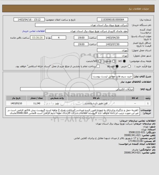 استعلام خرید سیم هاینا مطابق لیست پیوست