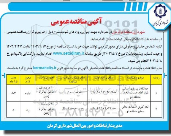 مناقصه جدلگذاری رفیوژ میانی منطقه دو ...