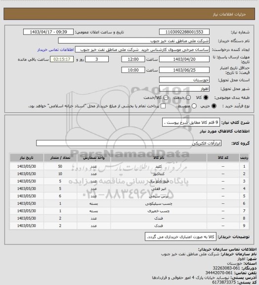 استعلام 9 قلم کالا مطابق شرح پیوست .