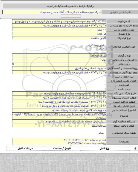 مناقصه, ط/۱۴۰۳/۸- مناقصه توسعه یک بی ترانس ۱۳۲ کیلوولت در پست ۱۳۲/۴۰۰ کیلوولت سربداران