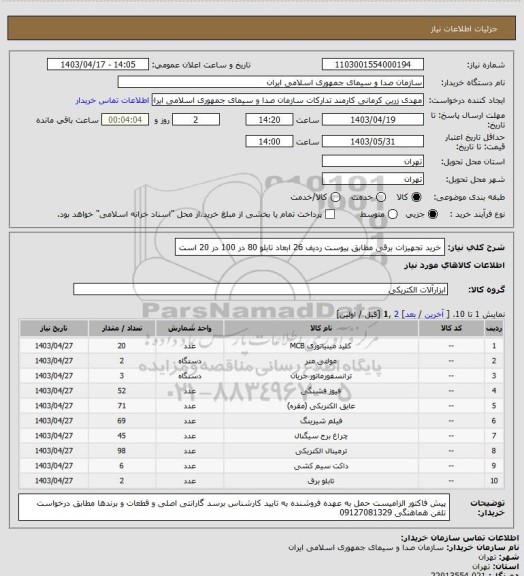 استعلام خرید تجهیزات برقی مطابق پیوست
ردیف 26 ابعاد تابلو 80 در 100 در 20 است