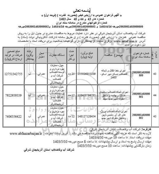 مناقصه اجرای خط انتقال و شبکه فاضلاب مسکن مهر