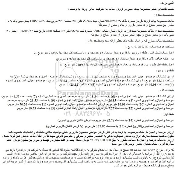 مزایده فروش ششدانگ عرصه و اعیان واحد تجاری شماره (3) به مساحت 75.62 متر مربع