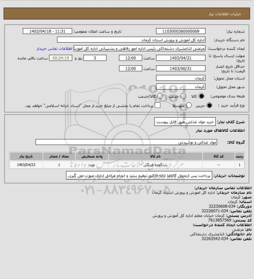 استعلام خرید مواد غذایی طبق فایل پیوست