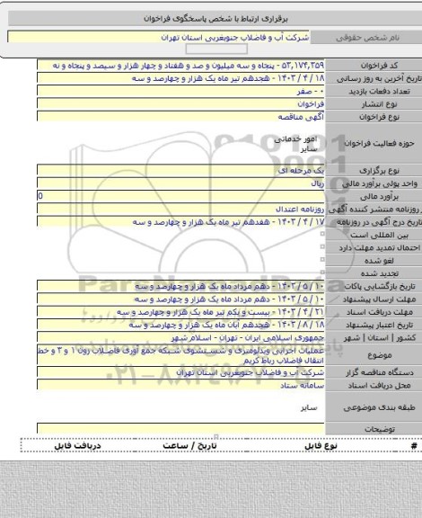 مناقصه, عملیات اجرایی ویدئومتری و شستشوی شبکه جمع آوری فاضلاب زون ۱ و ۳  و خط انتقال فاضلاب رباط کریم