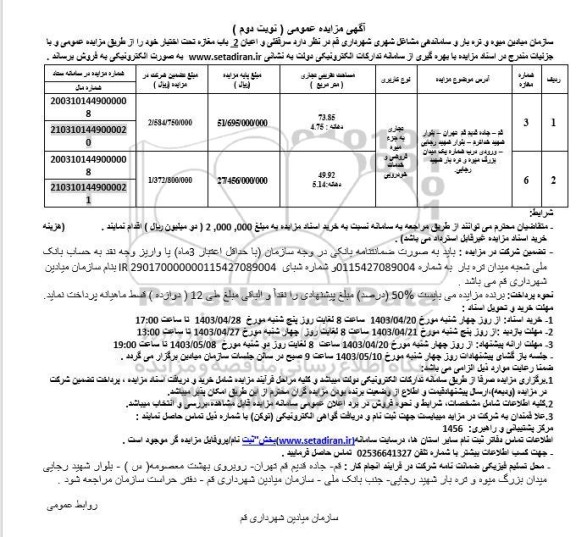 مزایده فروش سرقفلی و اعیان دو باب مغازه- نوبت دوم