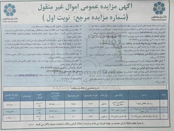 مزایده فروش سه ملک مسکونی و تجاری 251.4؛ 169.27 و 2413 مترمربع