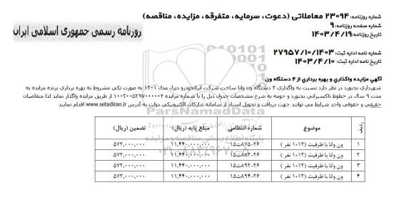 مزایده واگذاری و بهره برداری از 4 دستگاه ون 