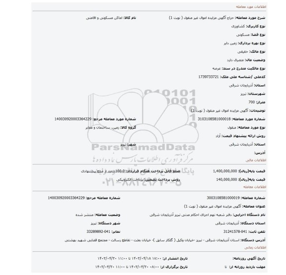 آگهی مزایده اموال  غیر منقول ( نوبت 1)